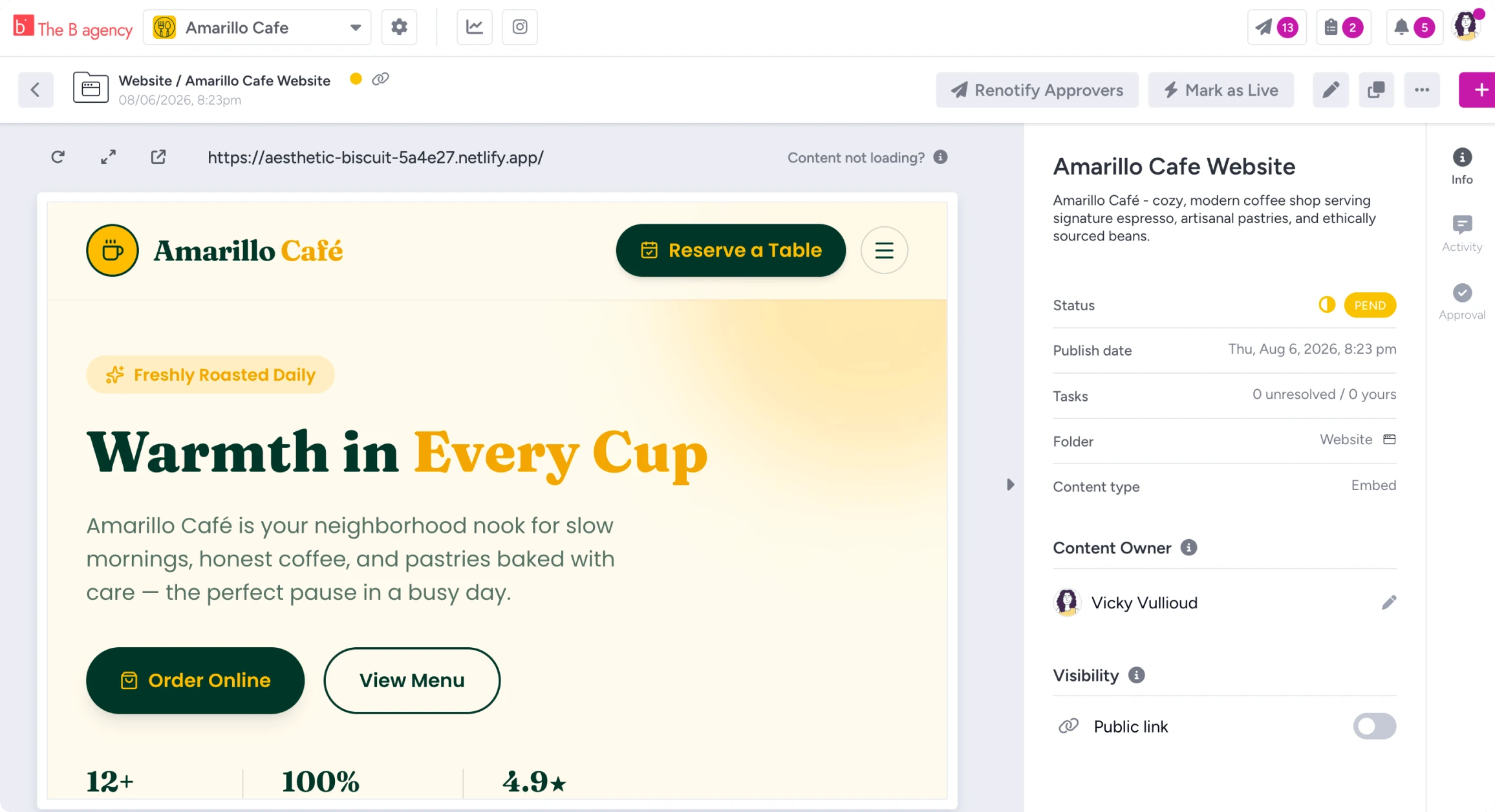 A live website embedded in Gain for review