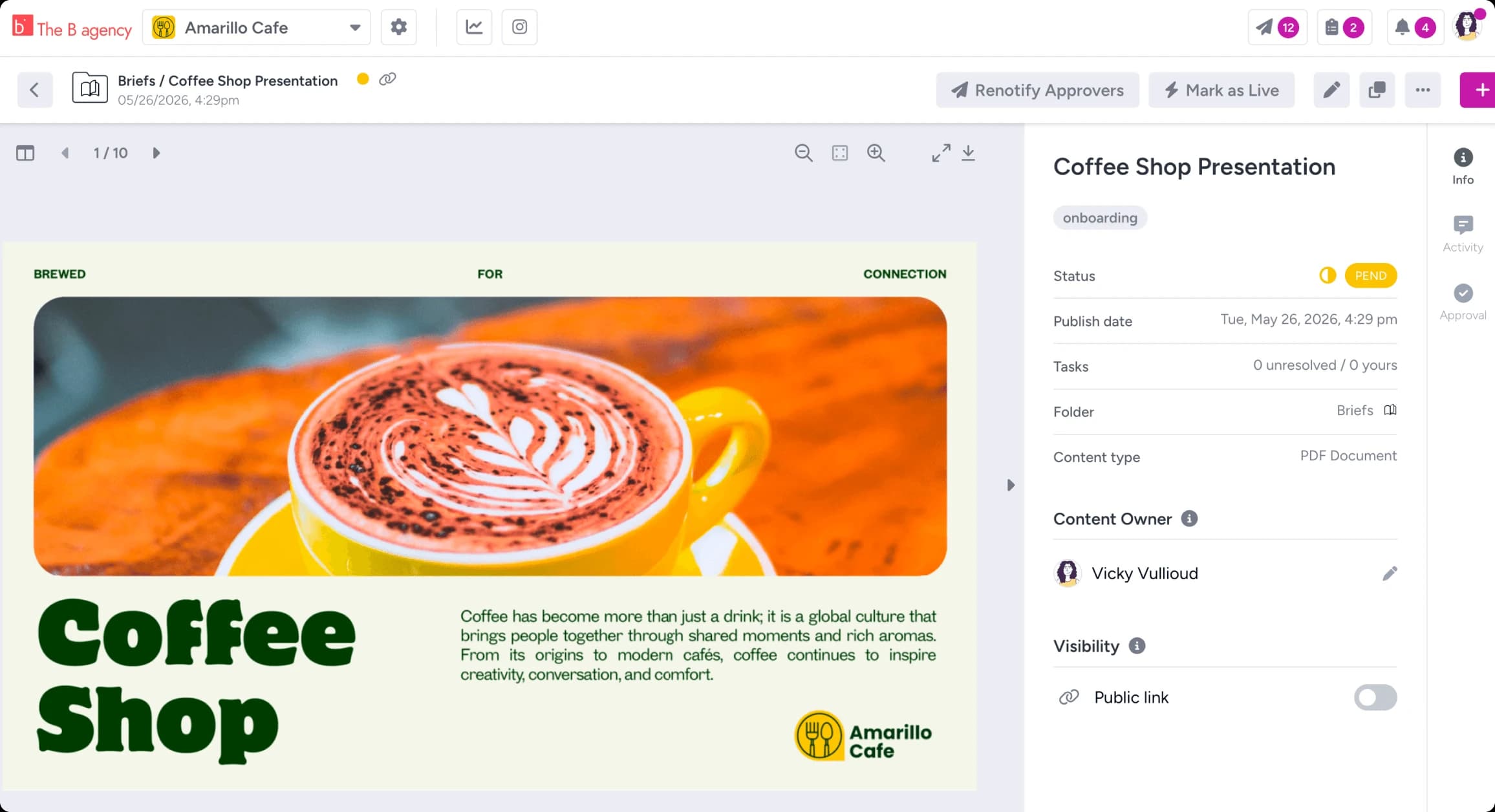 A PDF presentation previewed in Gain with its approval status and content owner