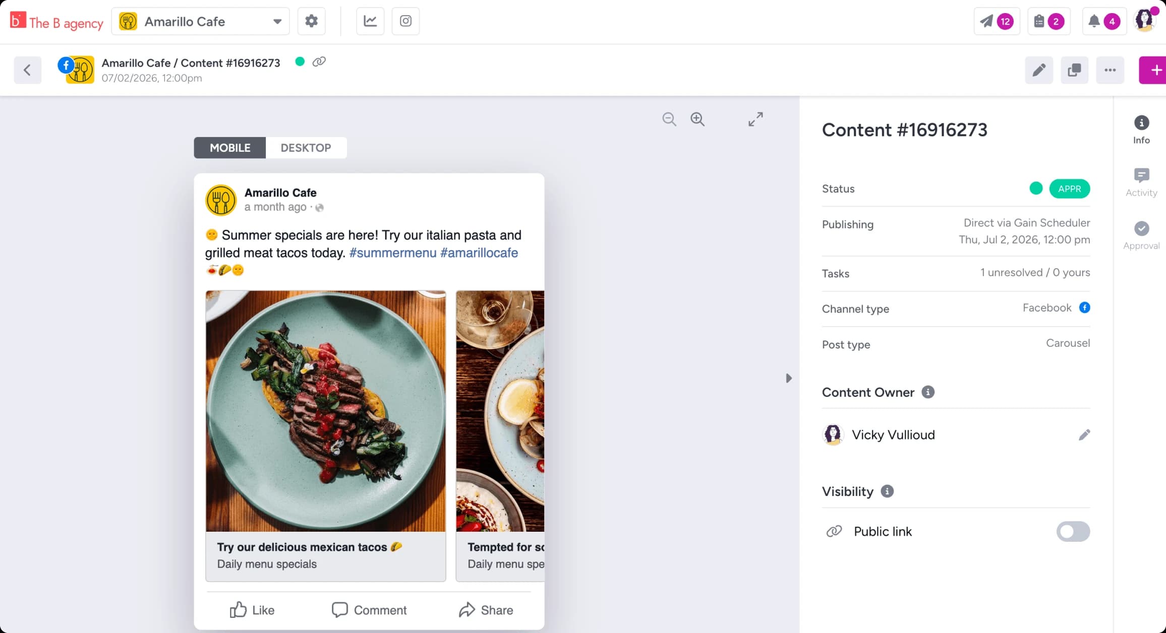 A social post in Gain with a true-to-platform mobile preview and its approval status