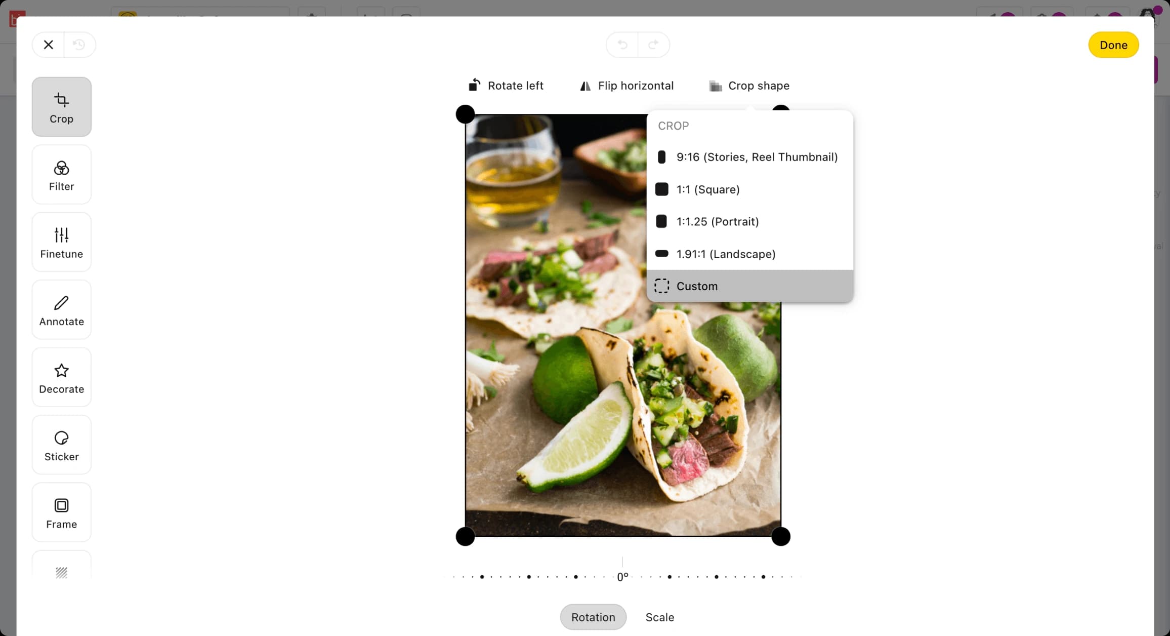 Gain's built-in image editor with per-network crop presets