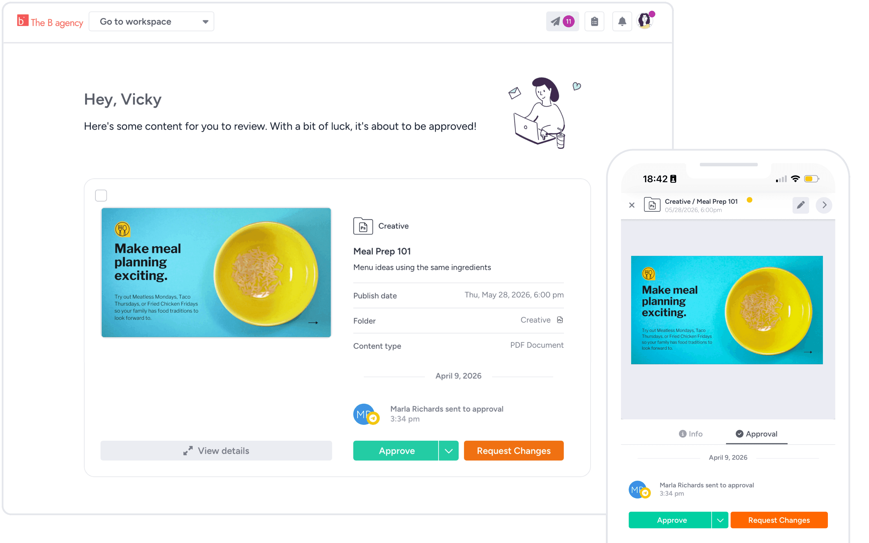 The Gain approval screen on desktop and mobile showing a 'Hey, Vicky' content review with Approve and Request Changes buttons