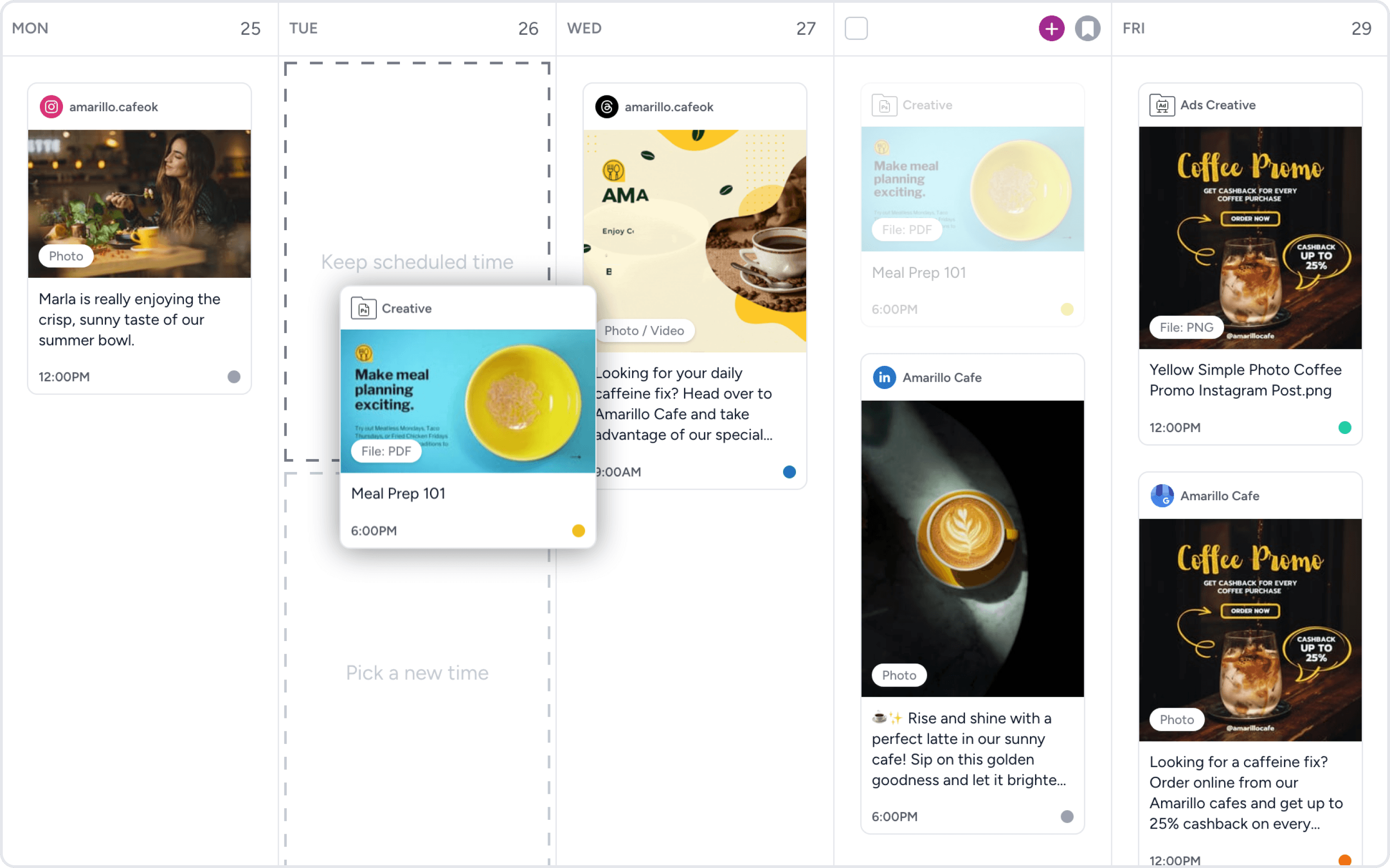 A weekly content calendar in Gain showing approved posts scheduled across Instagram, Threads, LinkedIn, and ad channels, with a post being rescheduled to a new day