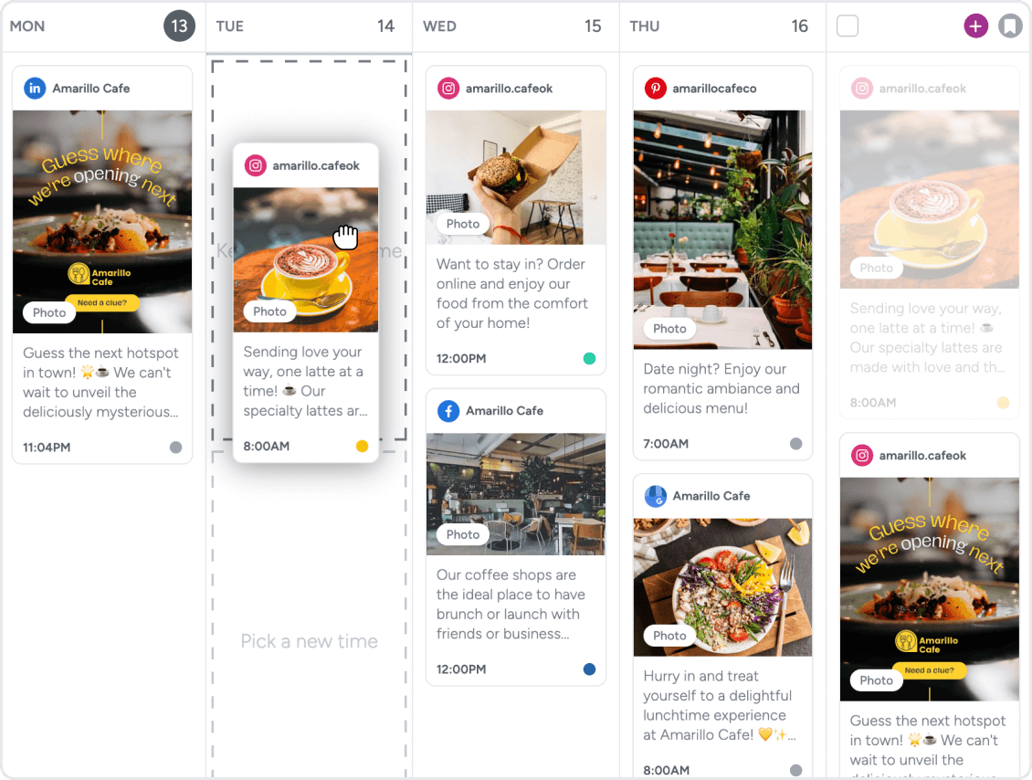 A social post in a content calendar is being dragged and dropped into a different day