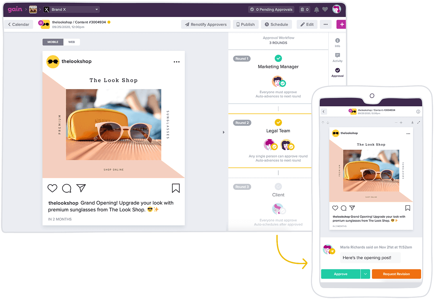 A desktop screen with a social post. An arrow points to a mobile screen with options to approve or request revisions.