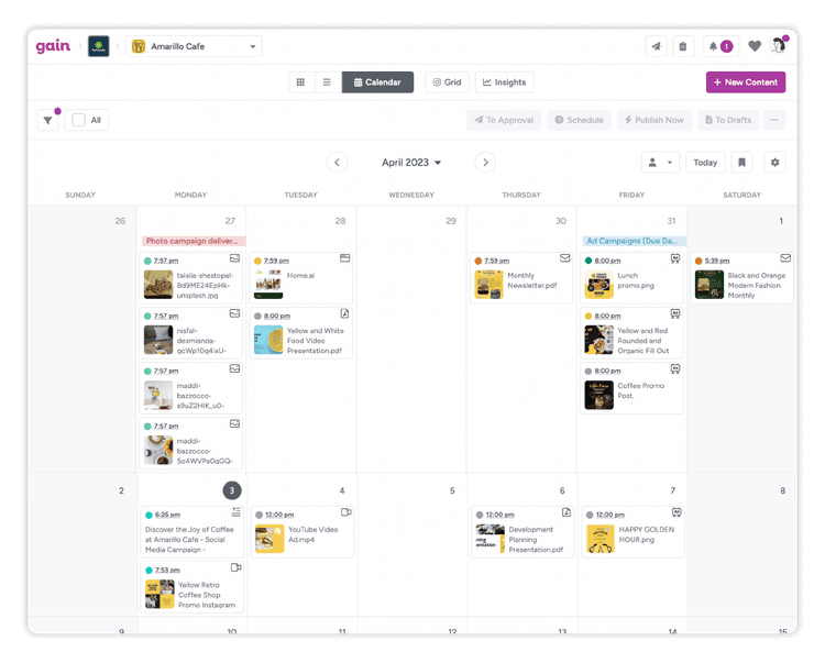 A monthly calendar showing all types of marketing content in different days