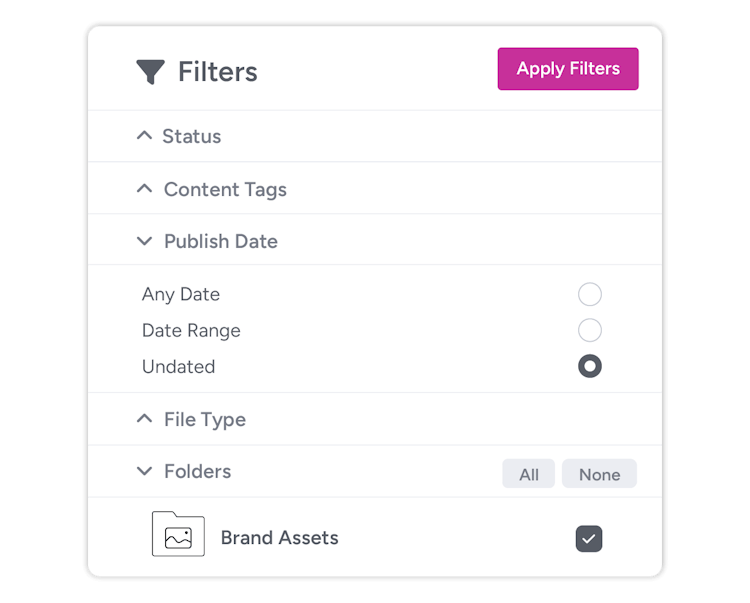 A list of filters to search for marketing assets within Gain