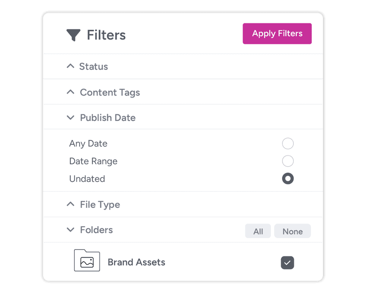 A list of filters to search for marketing assets within Gain