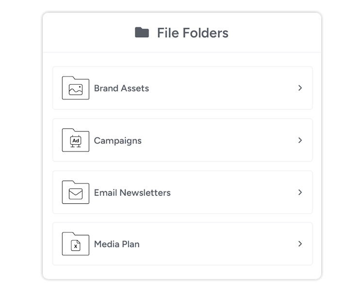A list of file folders for different marketing assets