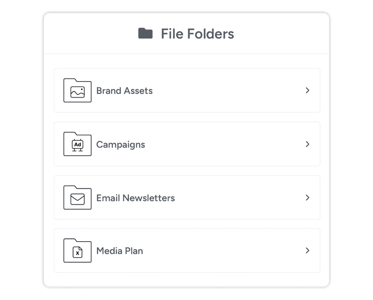 A list of file folders for different marketing assets