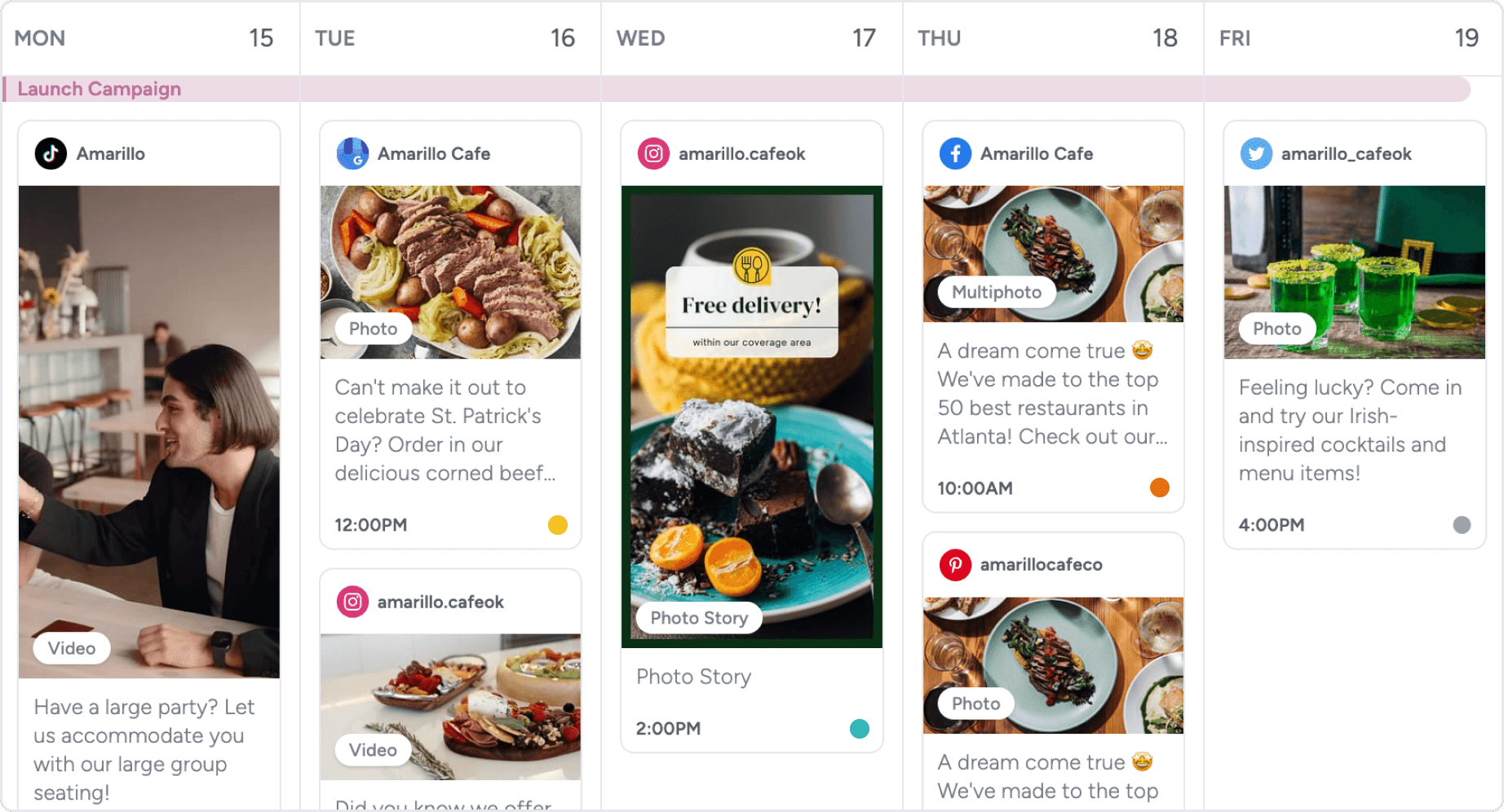A content calendar in Gain shows many social posts scheduled on different days