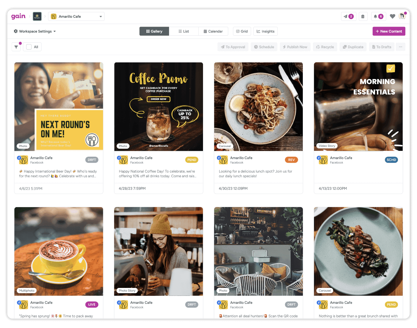 A dashboard inside Gain displays social media content in various stages of approval