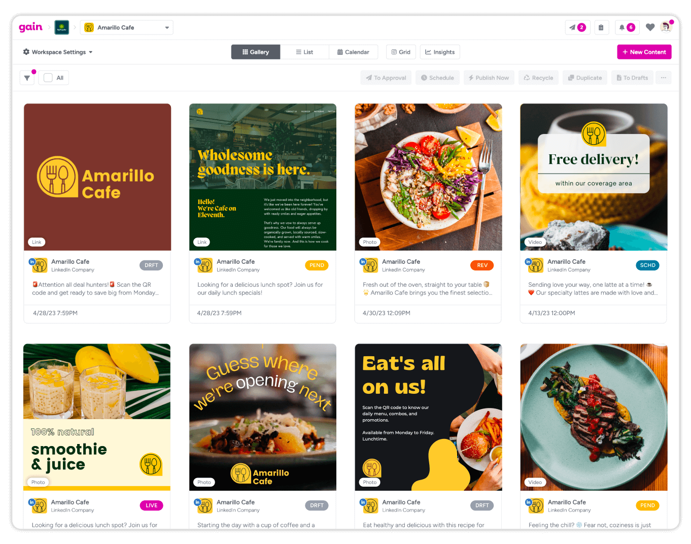 A dashboard inside Gain displays social media content in various stages of approval