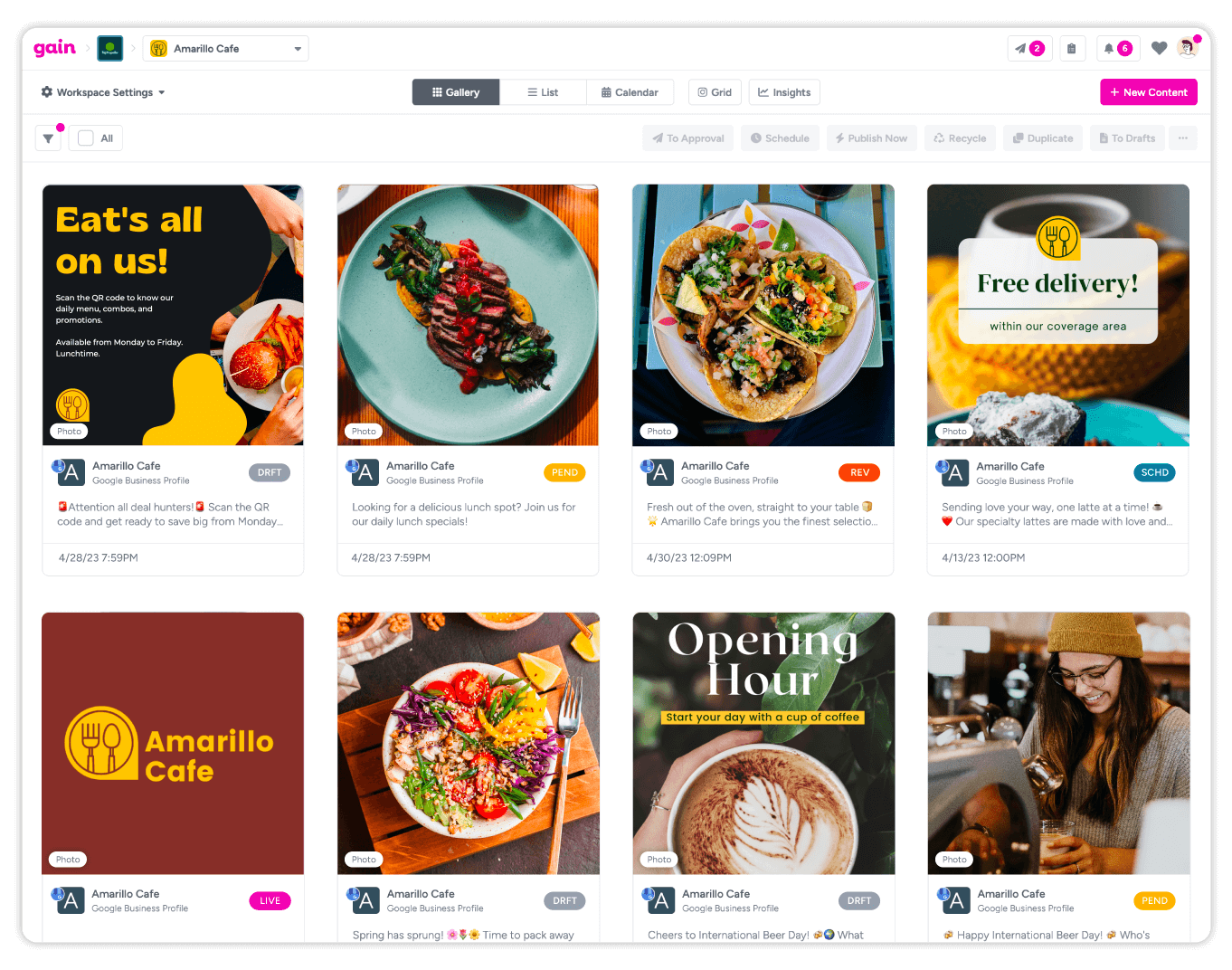 A dashboard inside Gain displays social media content in various stages of approval