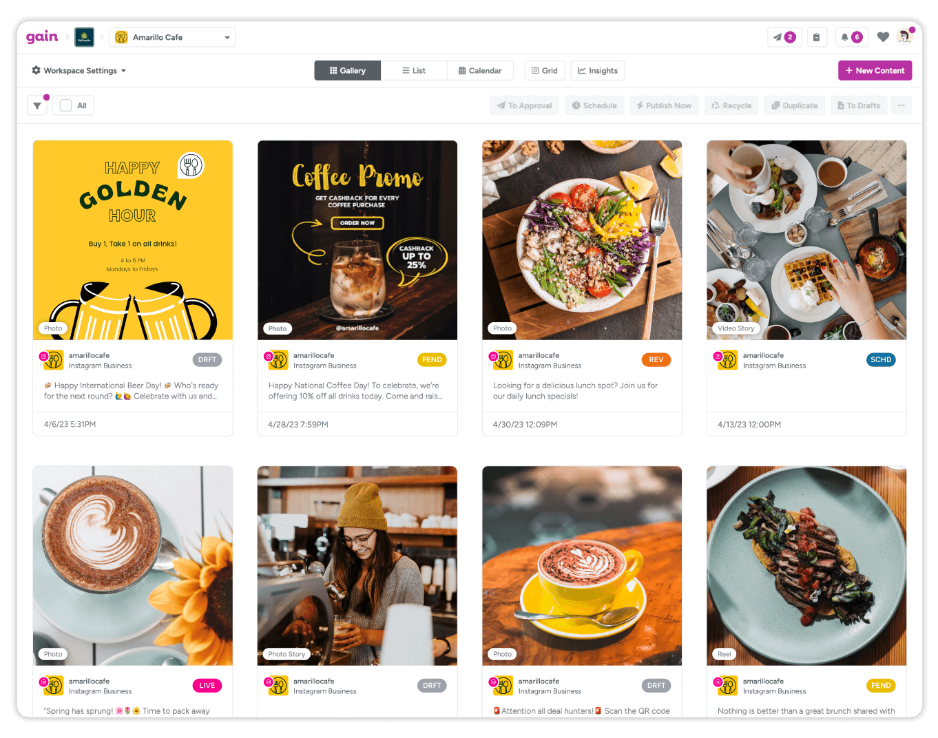 A dashboard inside Gain displays social media content in various stages of approval