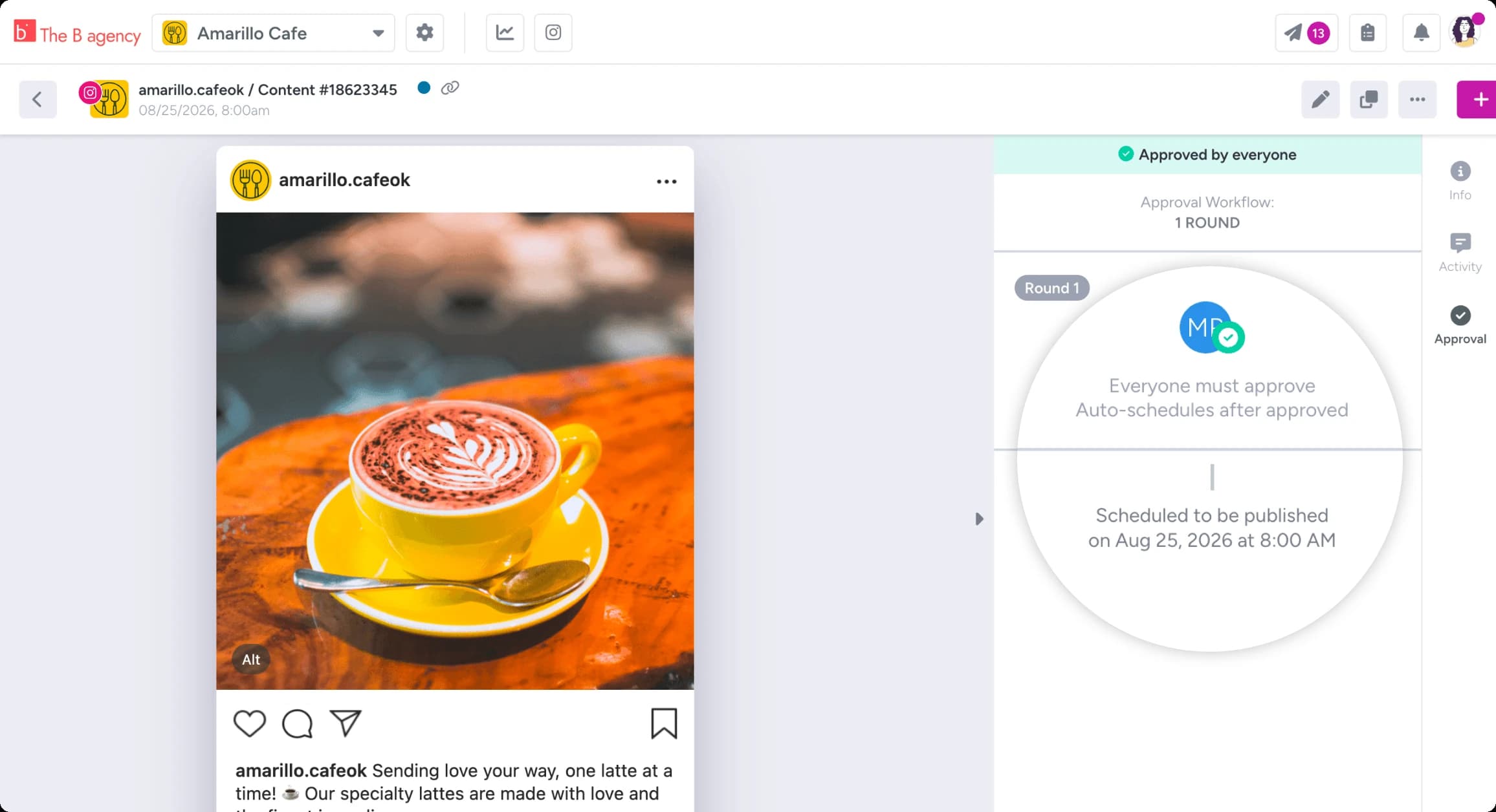 An approved Instagram post in Gain, auto-scheduled to publish once everyone approved