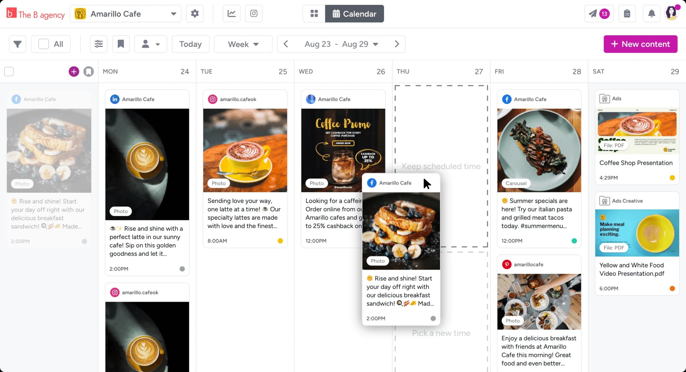A Gain calendar week with a post being dragged to a new time, keeping its approval status