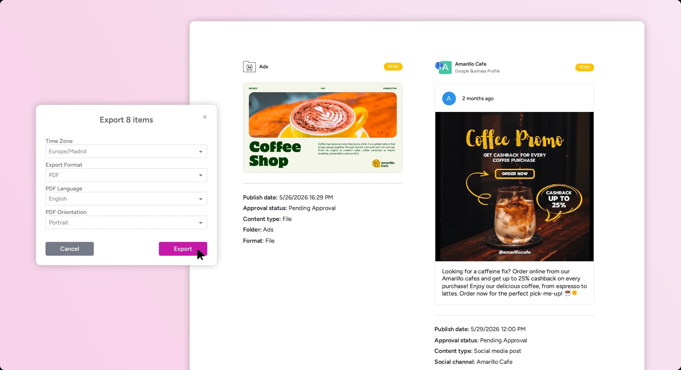 Gain's export dialog beside a PDF export of content with publish dates and approval status
