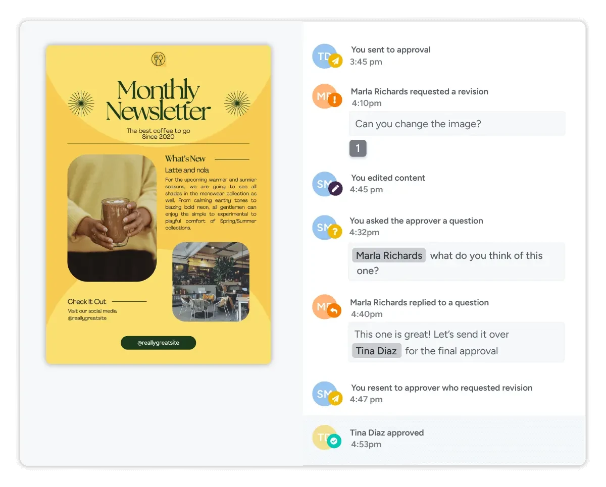A newsletter file in Gain beside its full activity history: sent to approval, revision requested, edits, questions and replies, and the final approval, each time-stamped