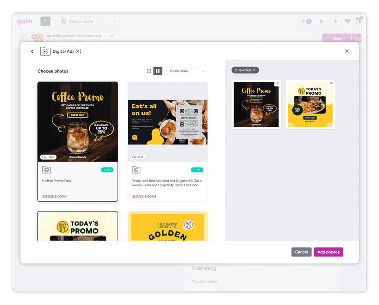 Photo assets being selected from a folder in Gain to be added to a social post