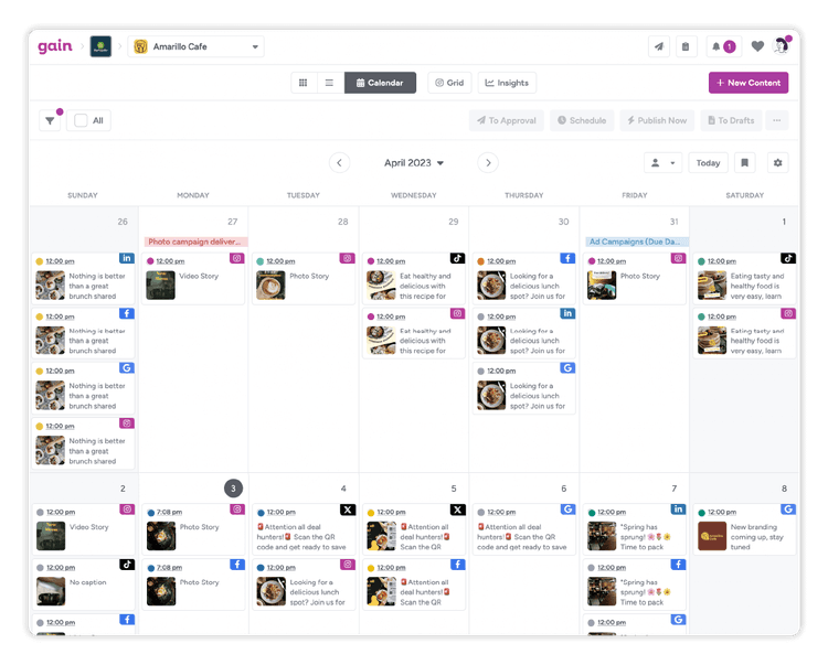 A monthly calendar populated with social posts scheduled for Facebook Instagram, X (Twitter), and Linkedin.