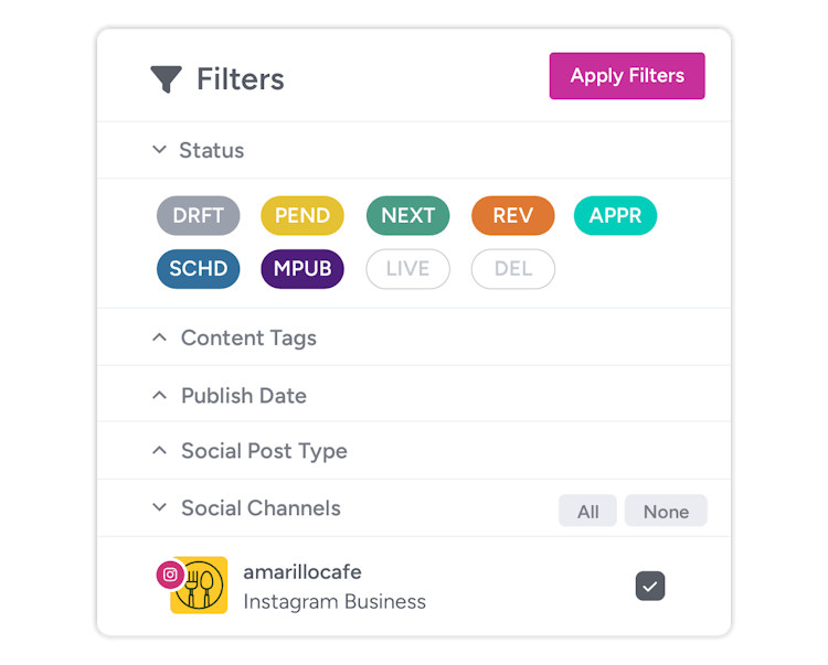 A list of filters to search for social posts within Gain by their status