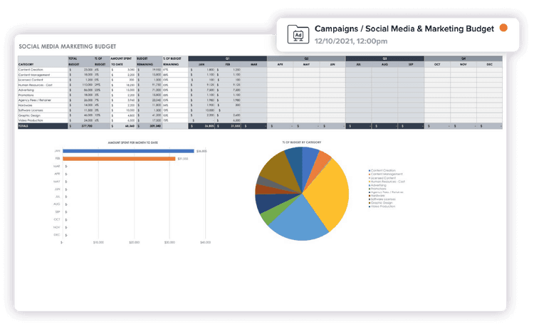 A spreadsheet with data, a graph chart, and a pie chart