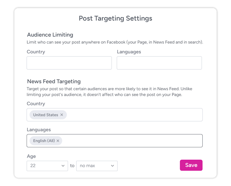 A screenshot of the audience targeting settings for a Facebook social post.
