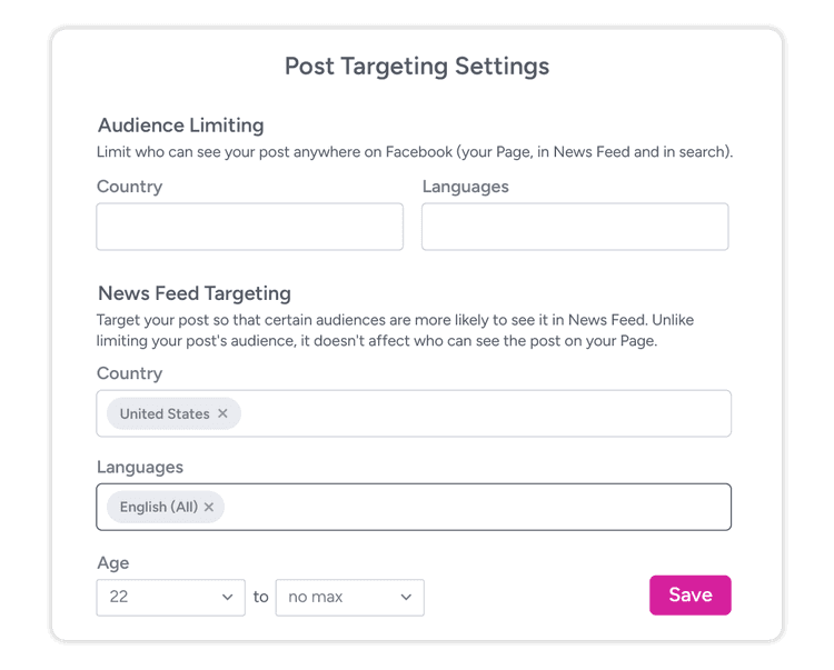 A screenshot of the audience targeting settings for a Facebook social post.