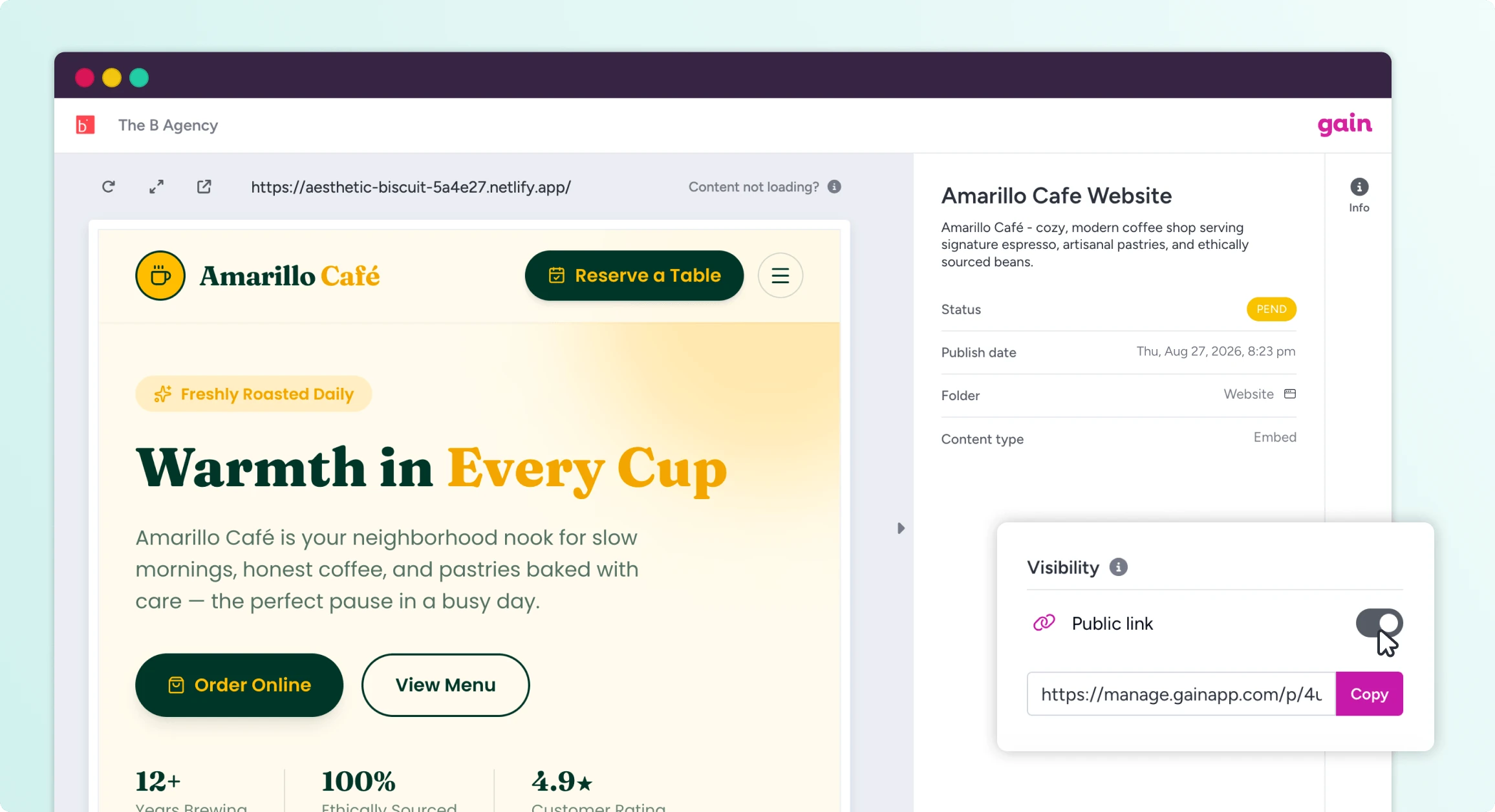 A public link toggled on for a page under review in Gain