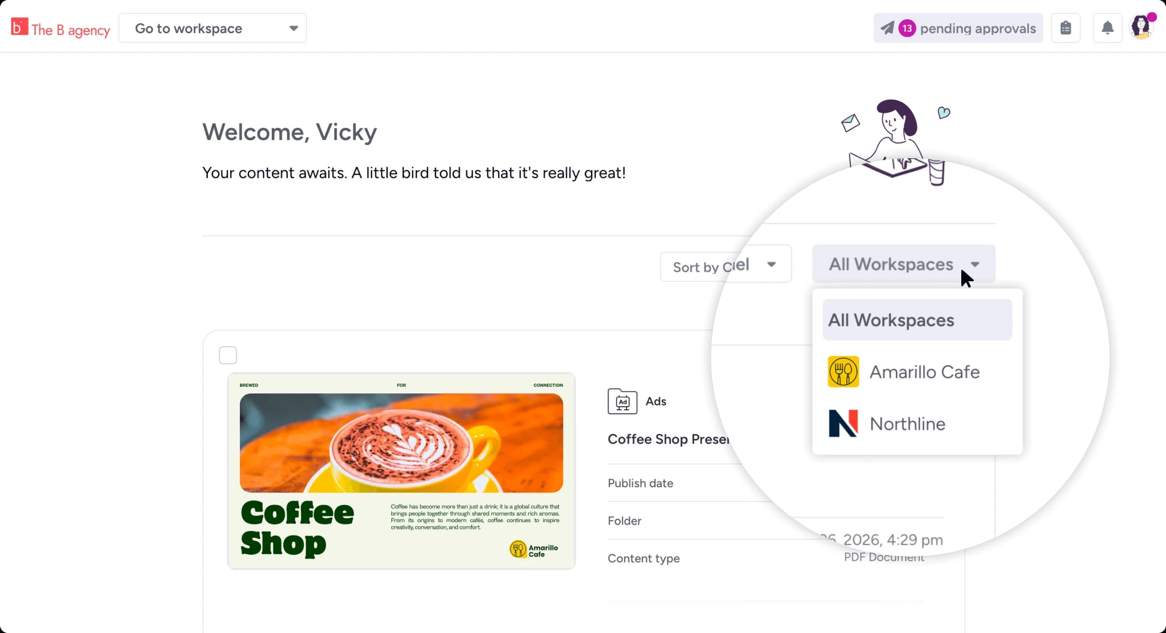 A stakeholder's approval queue in Gain, filtered by workspace