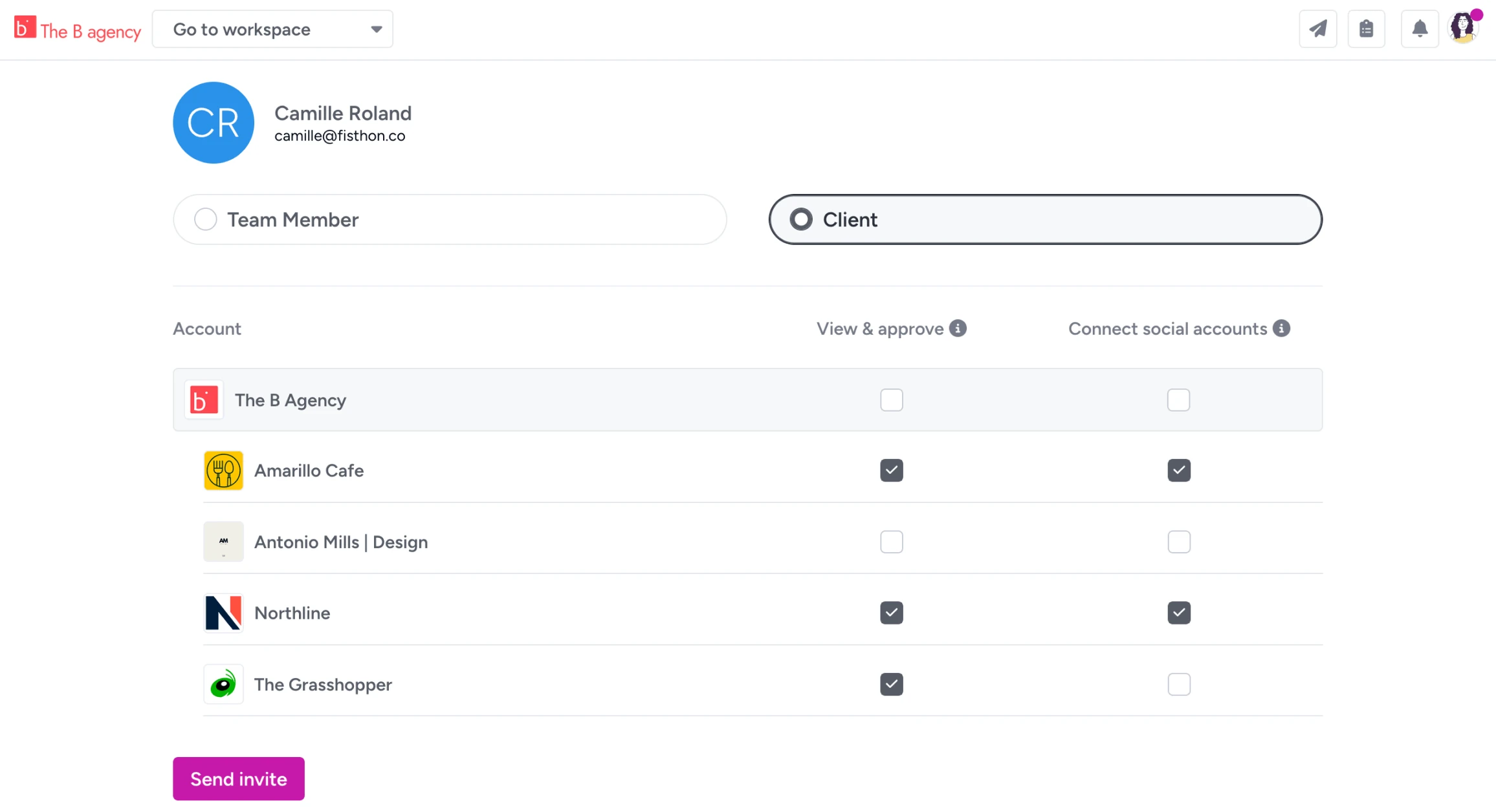 Per-account permissions for a client being invited to a Gain workspace