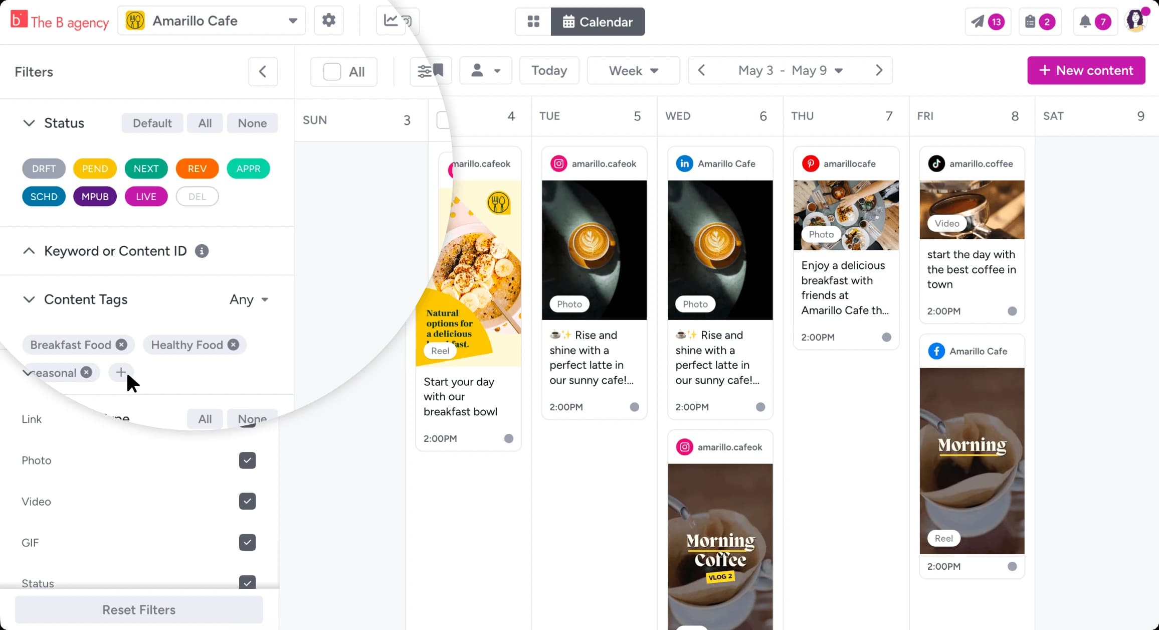 Gain's filter panel with content tags, status and content-type filters on the calendar