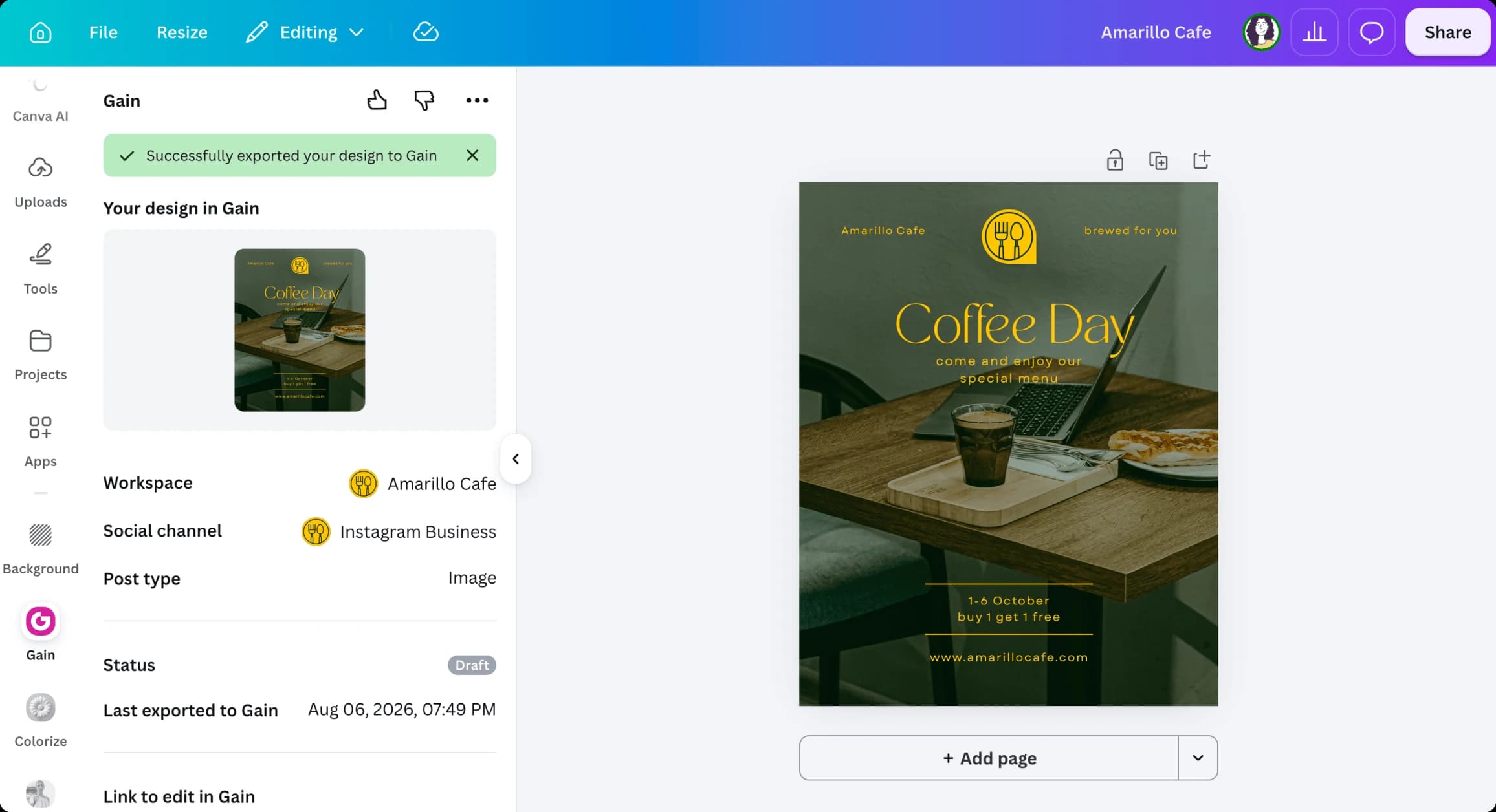 A Canva design exported straight into Gain