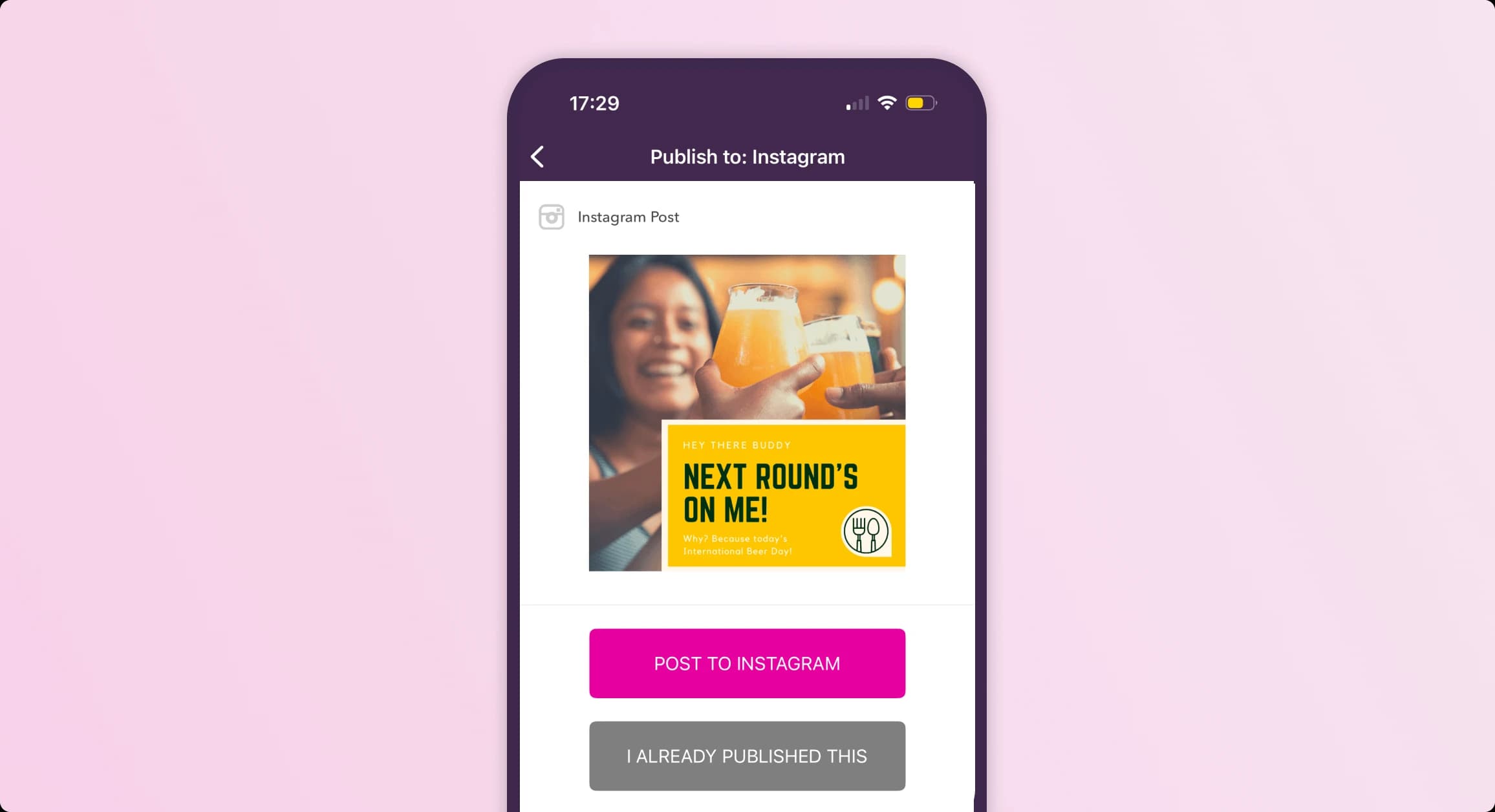 The Gain Notify app staging an Instagram post for manual publishing