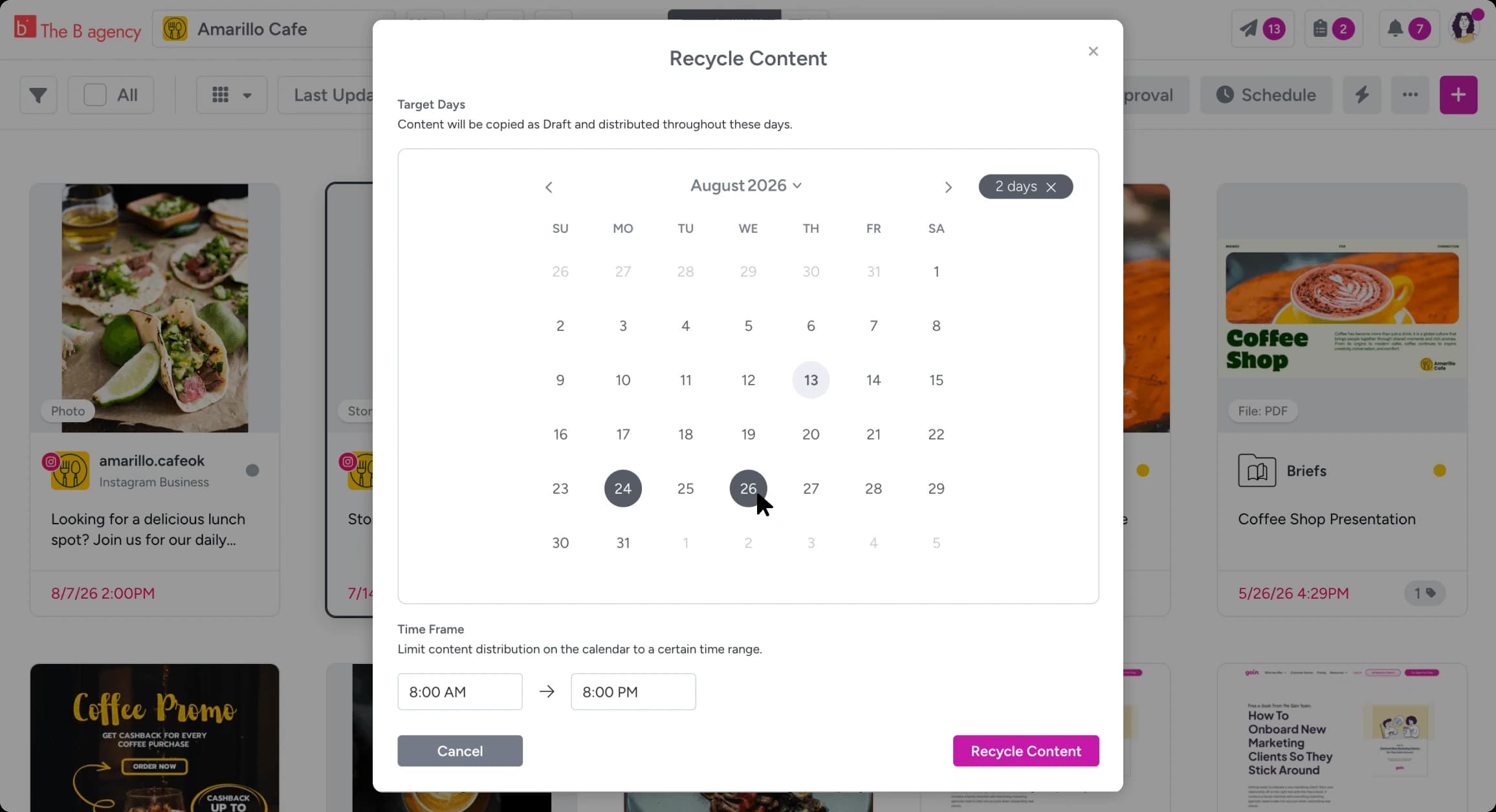 Gain's Recycle Content dialog, redistributing past content across chosen days