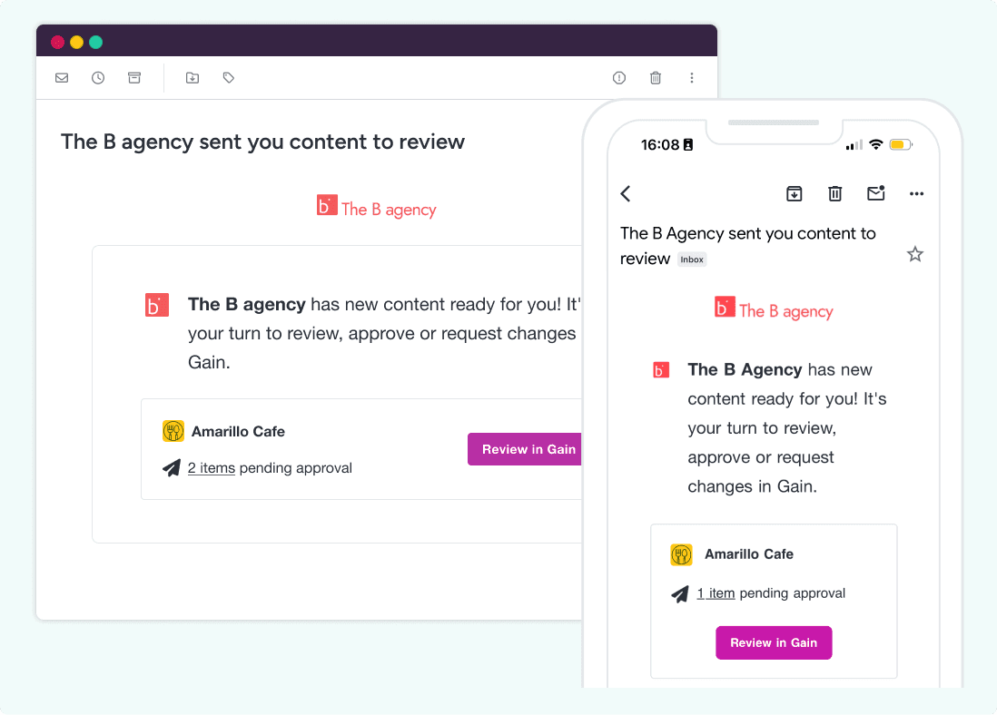 An email in both desktop and mobile versions, notifying a client that they have new content to approve in Gain.