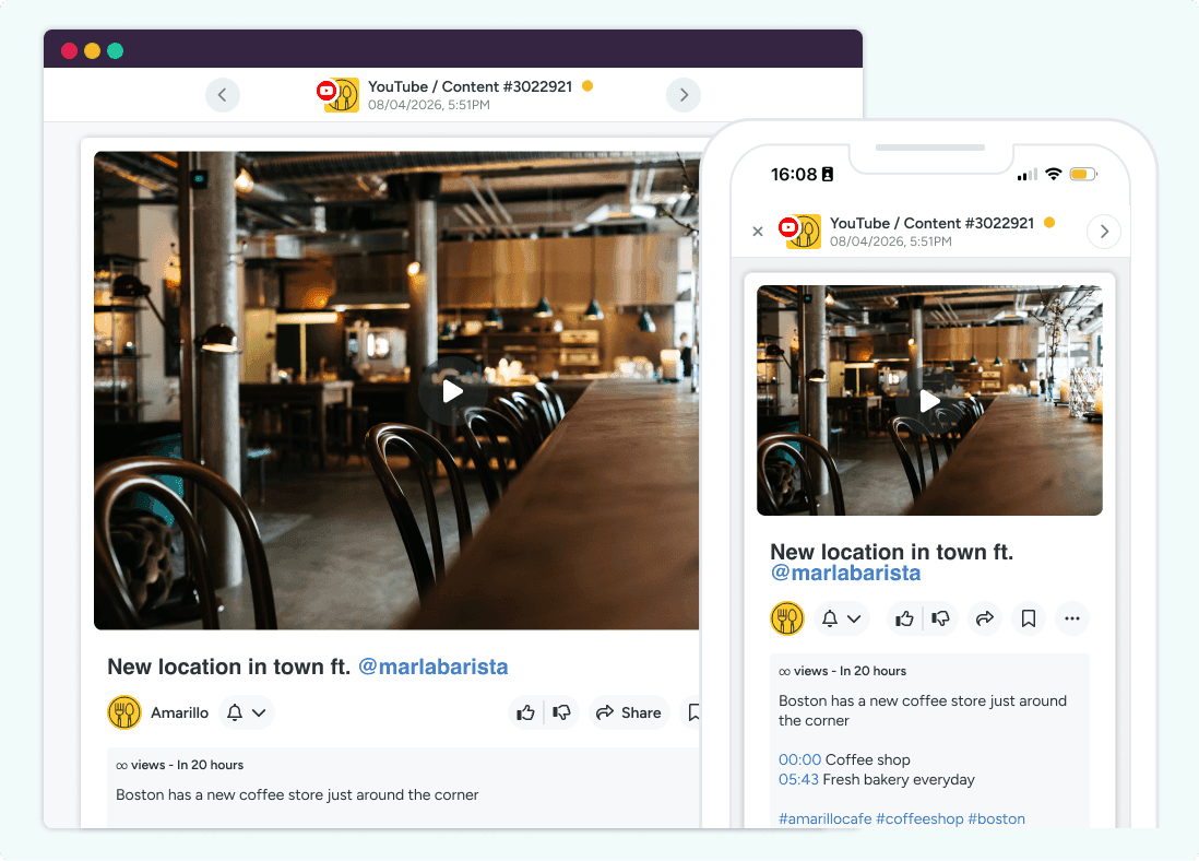 A preview of a YouTube video post in desktop and mobile versions.