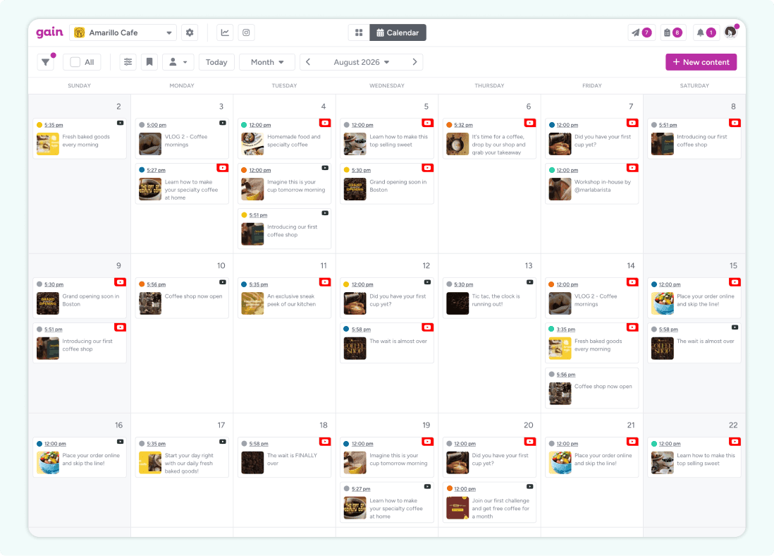 A screenshot of the content calendar in Gain, showing YouTube content for the month of August.