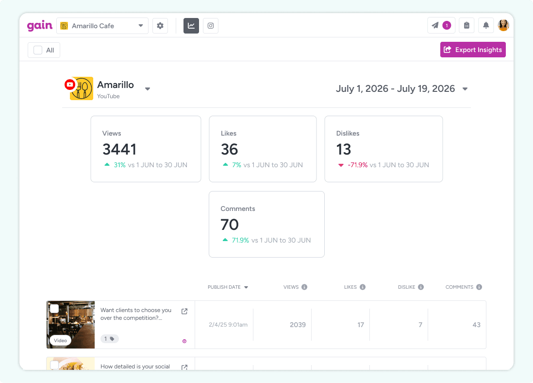 The Insights page in Gain, with YouTube content and amounts of views, likes, and other data.