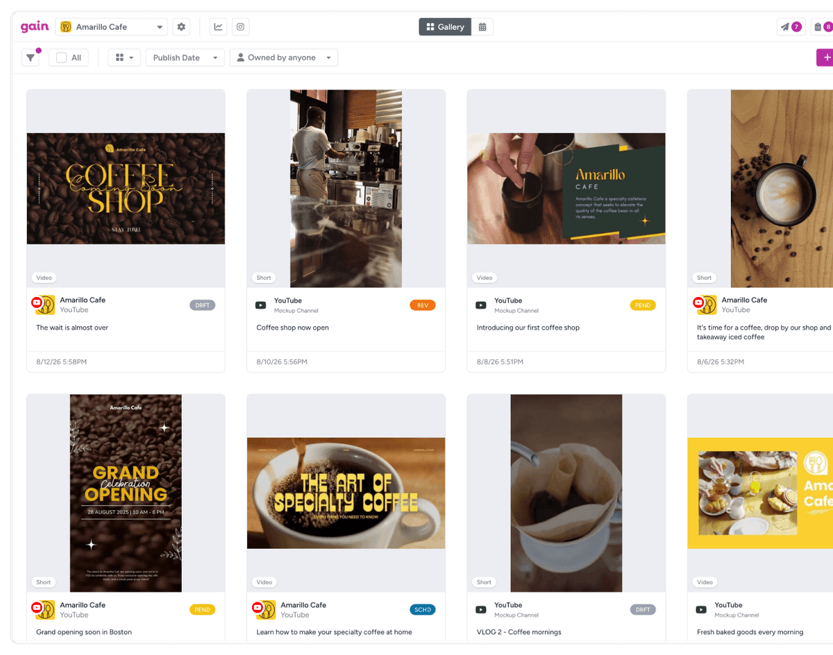 A dashboard inside Gain displays YouTube content in various stages of approval