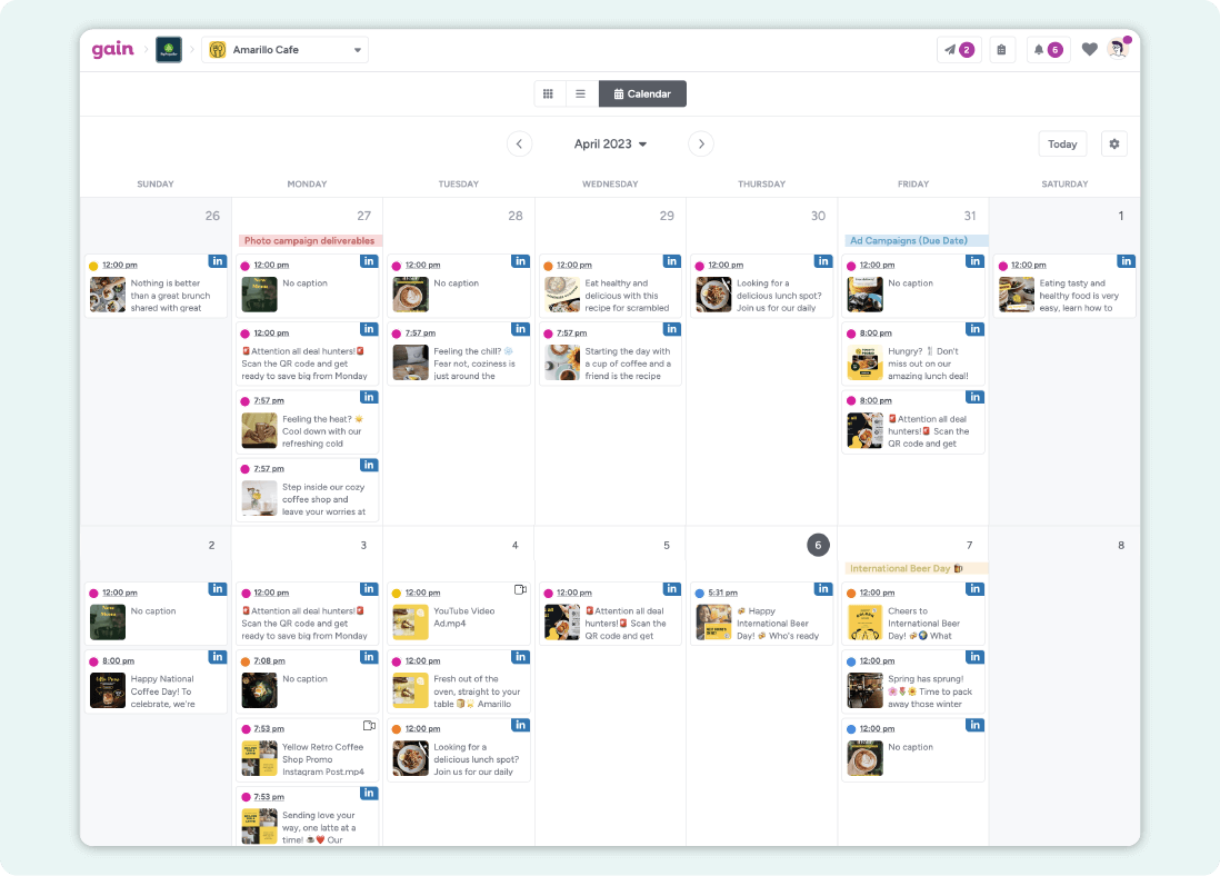 A screenshot of a content calendar in Gain, populated with LinkedIn posts in different approval stages.