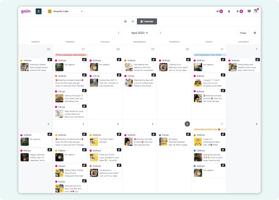 A screenshot of a content calendar in Gain, populated with TikTok posts in different approval stages.