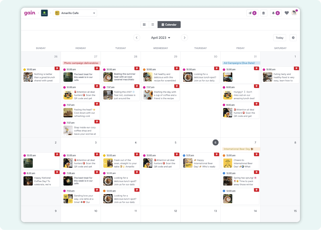 A screenshot of a content calendar in Gain, populated with Pinterest posts in different approval stages.