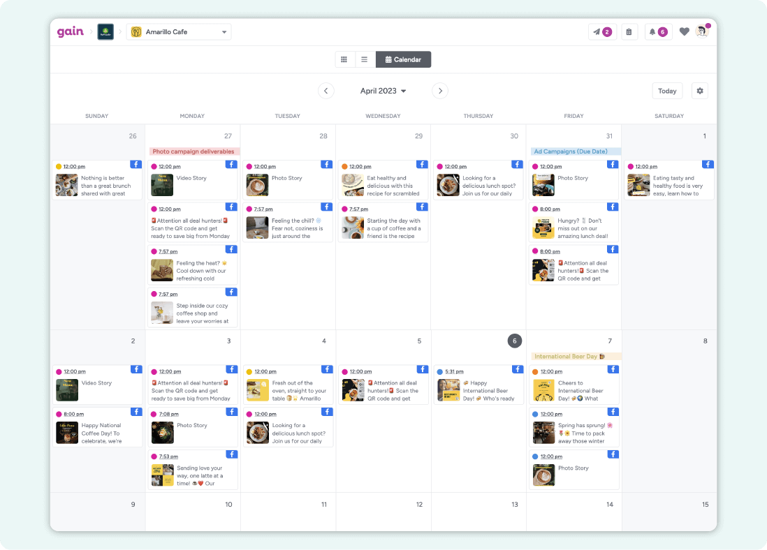 A screenshot of a content calendar in Gain, populated with Facebook posts in different approval stages.