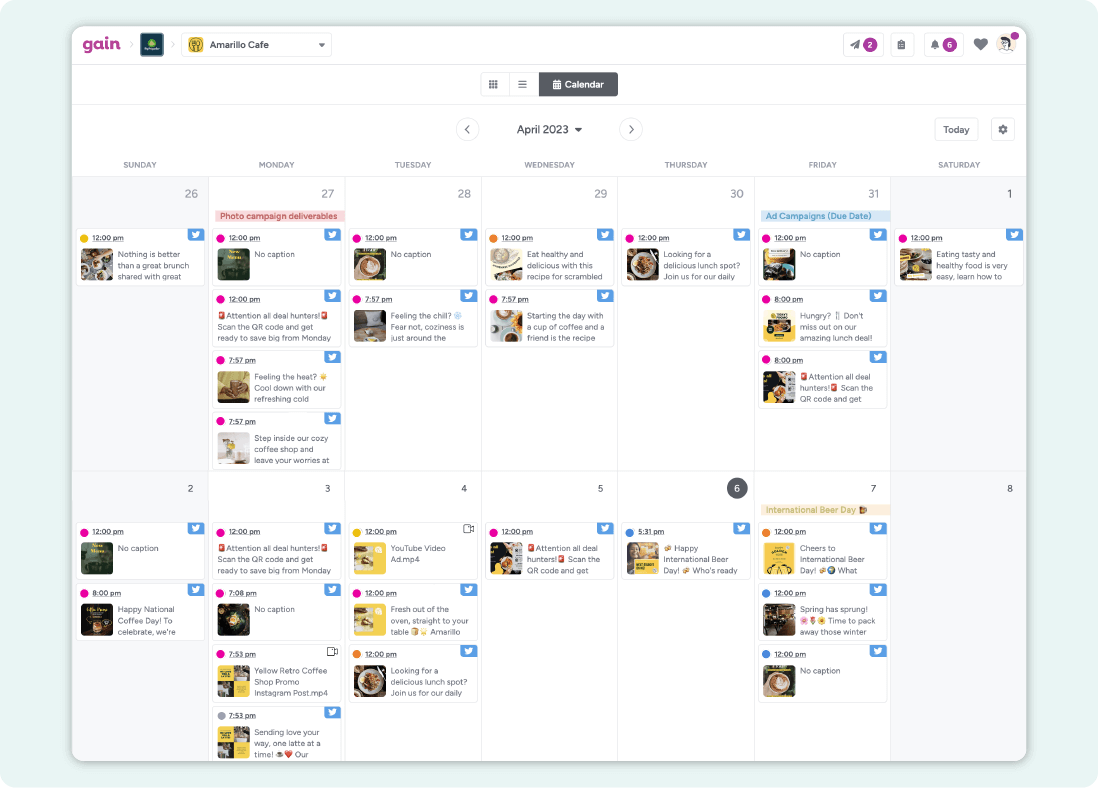 A screenshot of a content calendar in Gain, populated with Twitter posts in different approval stages.