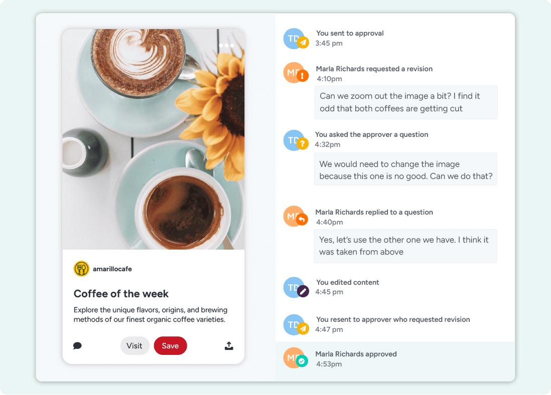 A preview of a Pinterest post with an activity tracker, detailing a conversation between the content creator and the client.
