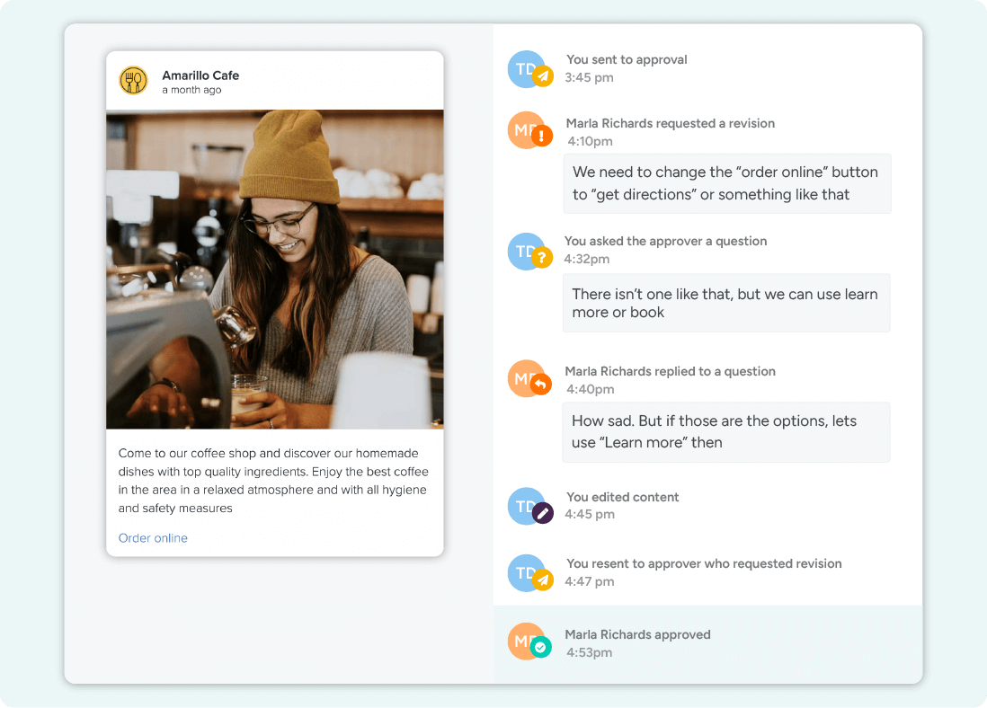 A preview of a Google Business Profile post with an activity tracker, detailing a conversation between the content creator and the client.