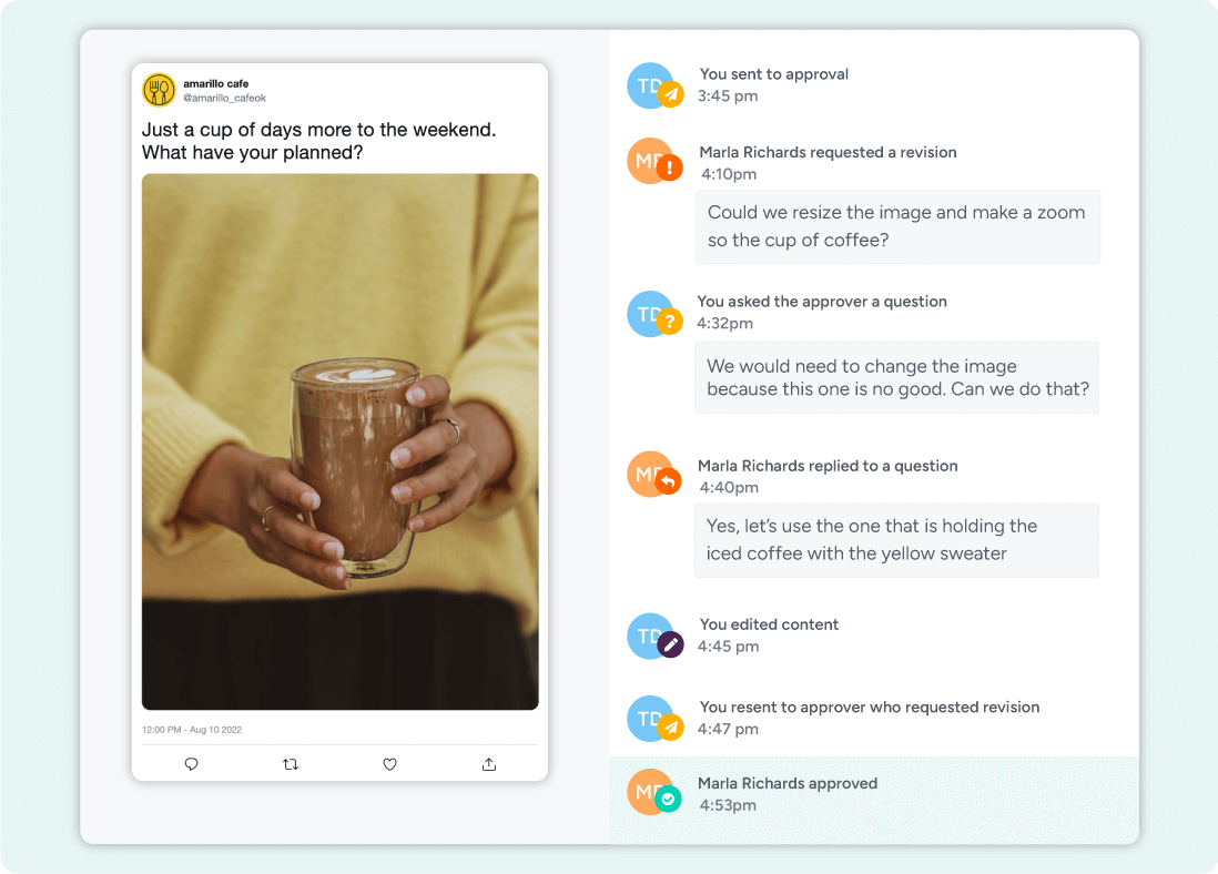A preview of a Twitter post with an activity tracker, detailing a conversation between the content creator and the client.