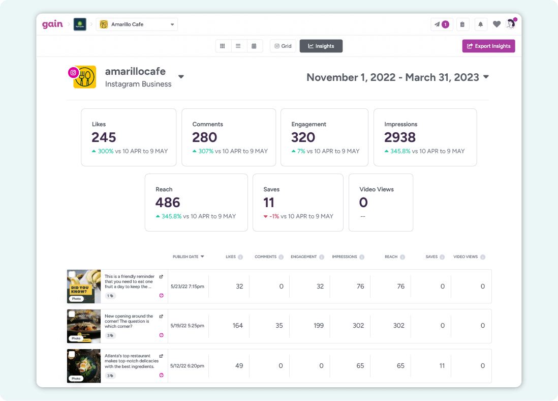 A screenshot of the Insights feature in Gain, displaying performance data for Instagram posts in an account, including Likes, Reactions, Comments, and more.