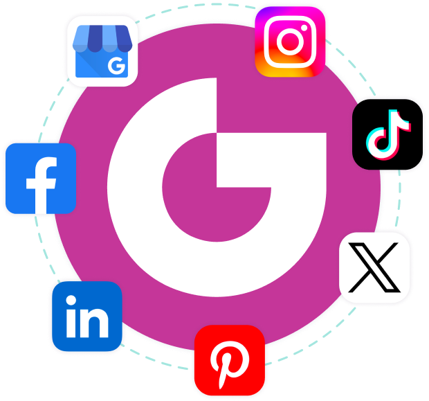 The Gain logo with the Instagram, TikTok, X, Pinterest, LinkedIn, Facebook and Google Business Profile logos.